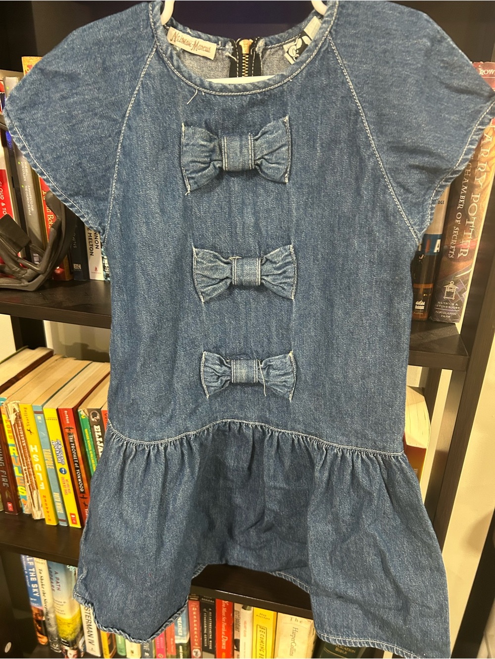 Neiman Marcus Girls Denim Dress with Front Bows - Blue